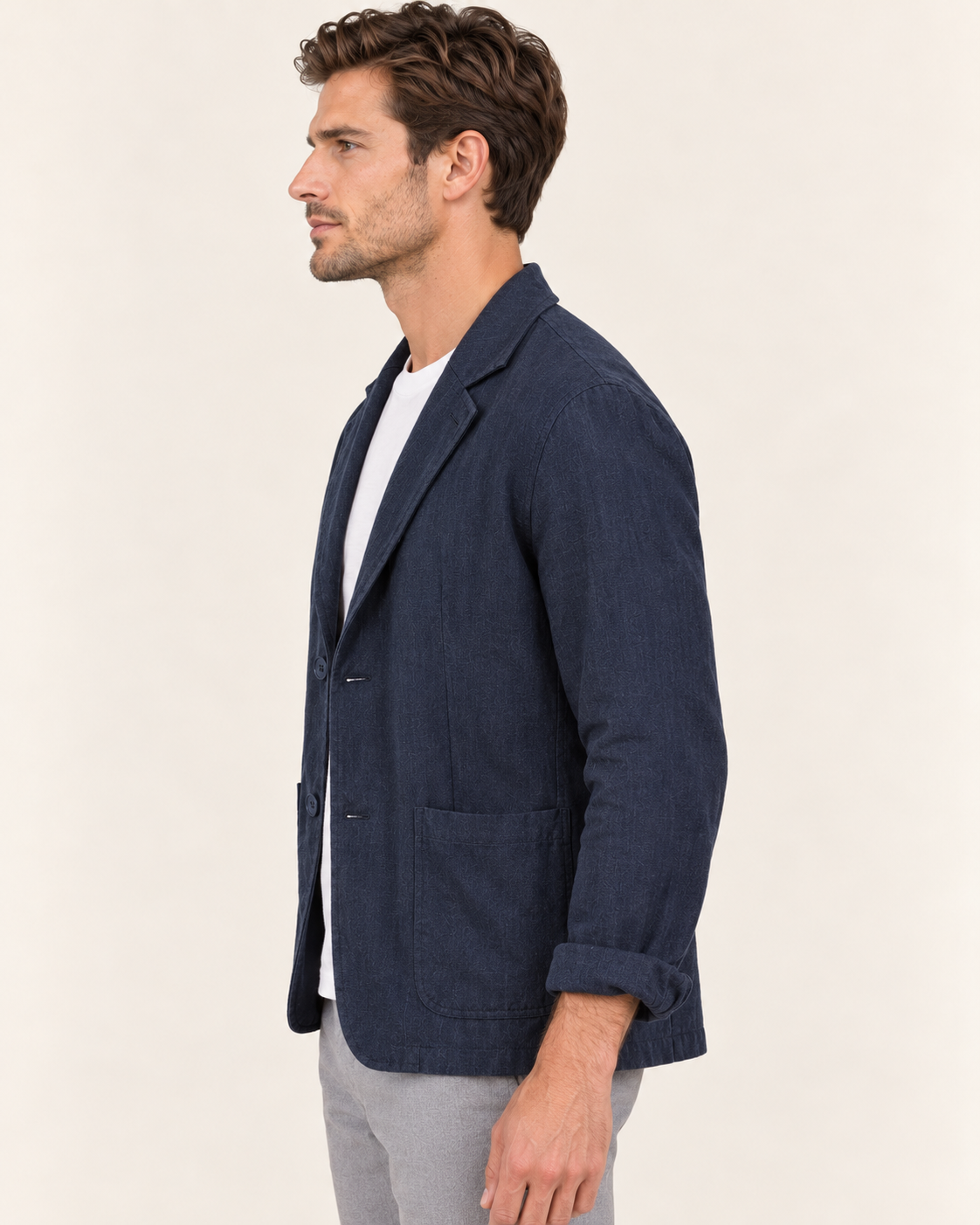 Men's Linen Blend Blazer with Soft Unstructured Cut in Navy, side view