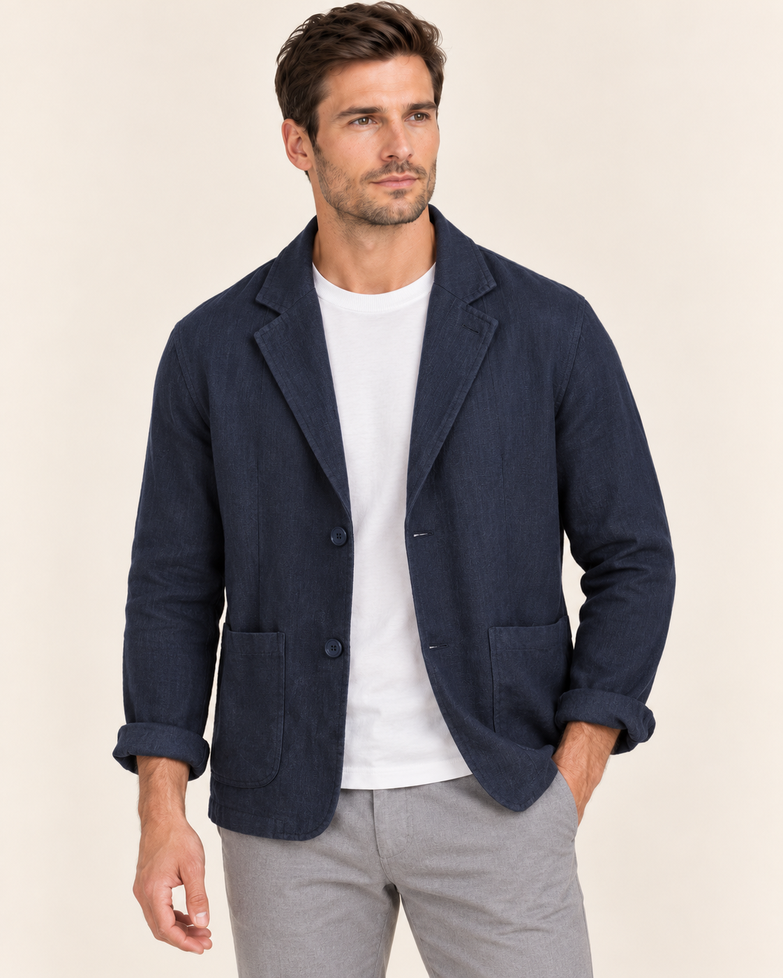 Men's Linen Blend Blazer with Soft Unstructured Cut in Navy