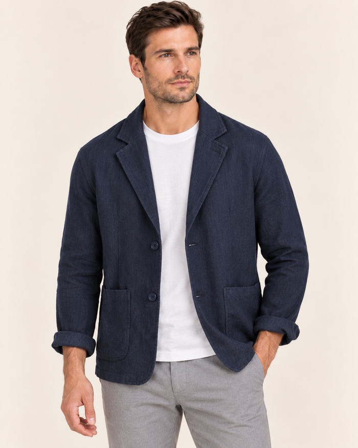 Men's Linen Blend Blazer with Soft Unstructured Cut in Navy