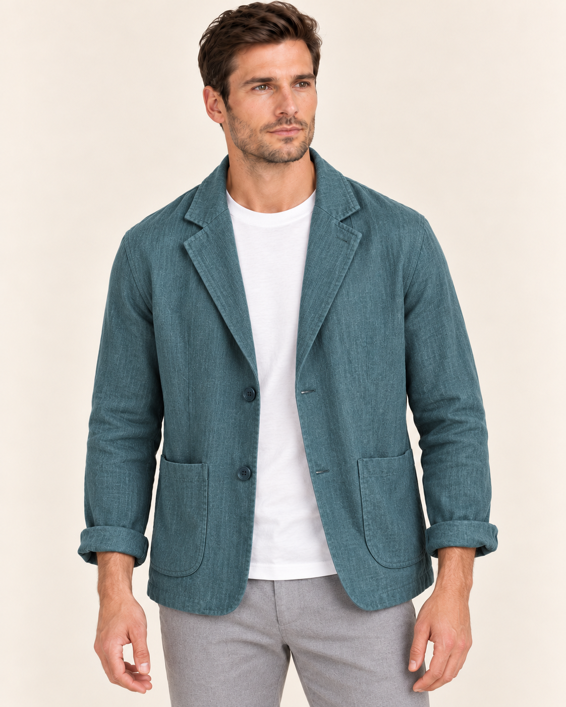 Men's Linen Blend Blazer with Soft Unstructured Cut in Teal