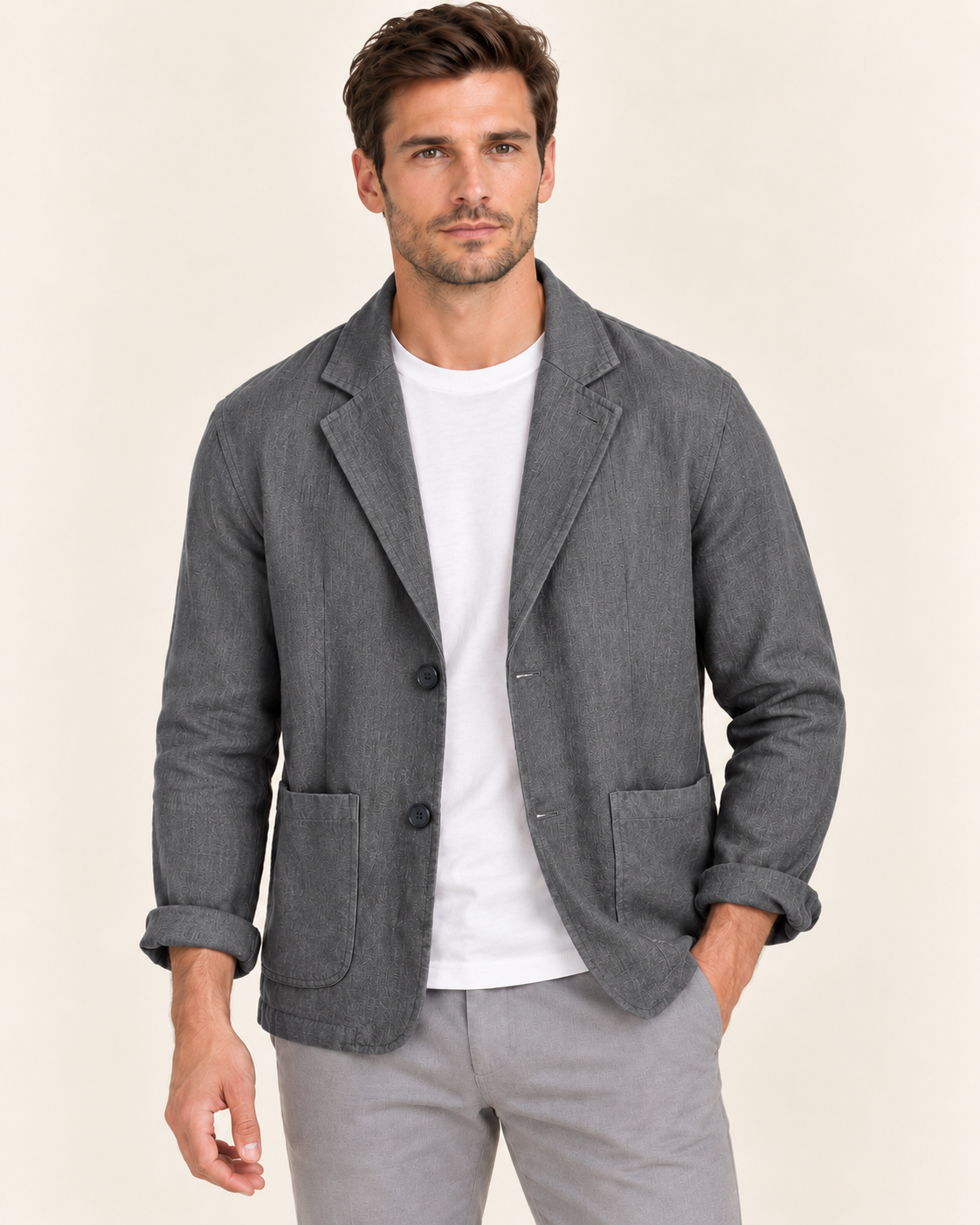 Men's Linen Blend Blazer with Soft Unstructured Cut in Grey