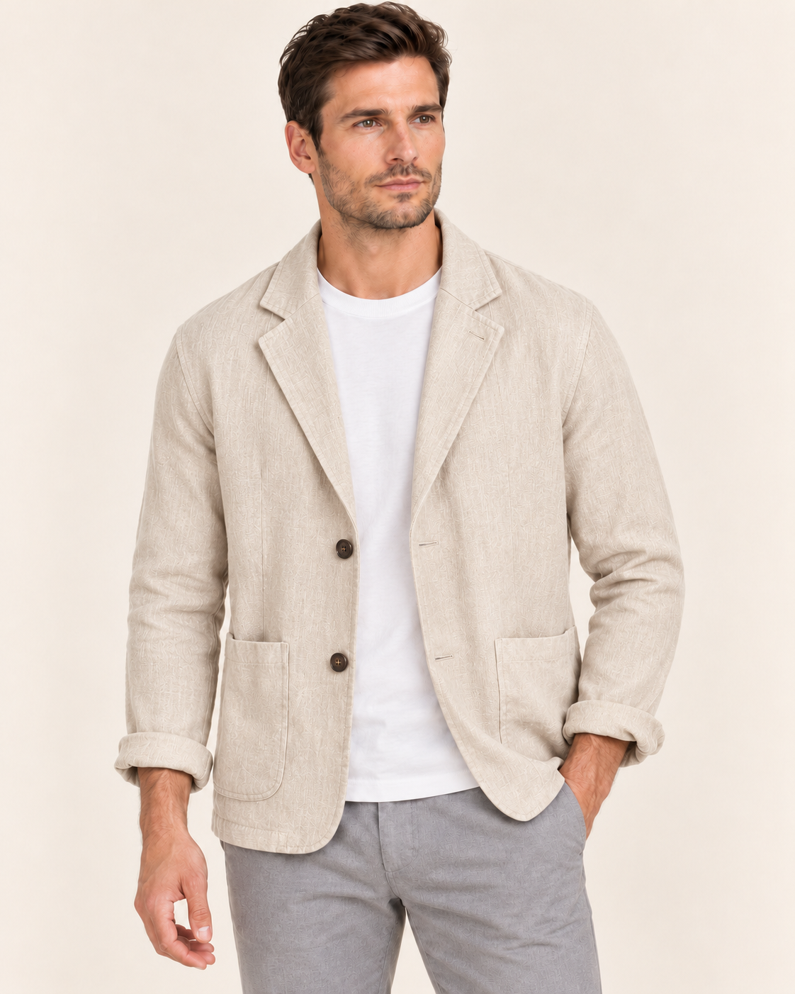 Men's Linen Blend Blazer with Soft Unstructured Cut in Beige