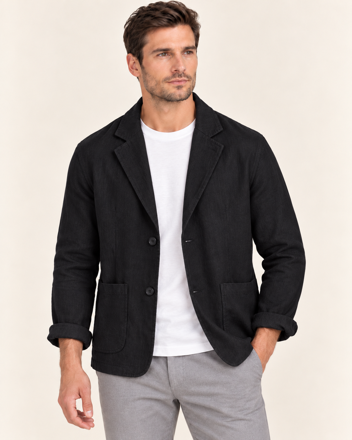 Men's Linen Blend Blazer with Soft Unstructured Cut in Black