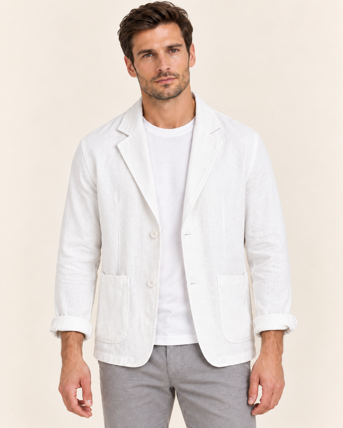 Men's Linen Blend Blazer with Soft Unstructured Cut in White