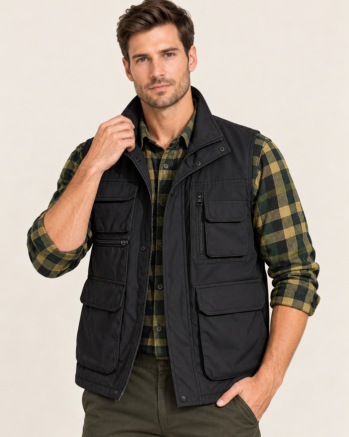 Men's Multi Pocket Utility Vest with Stand Collar in Black