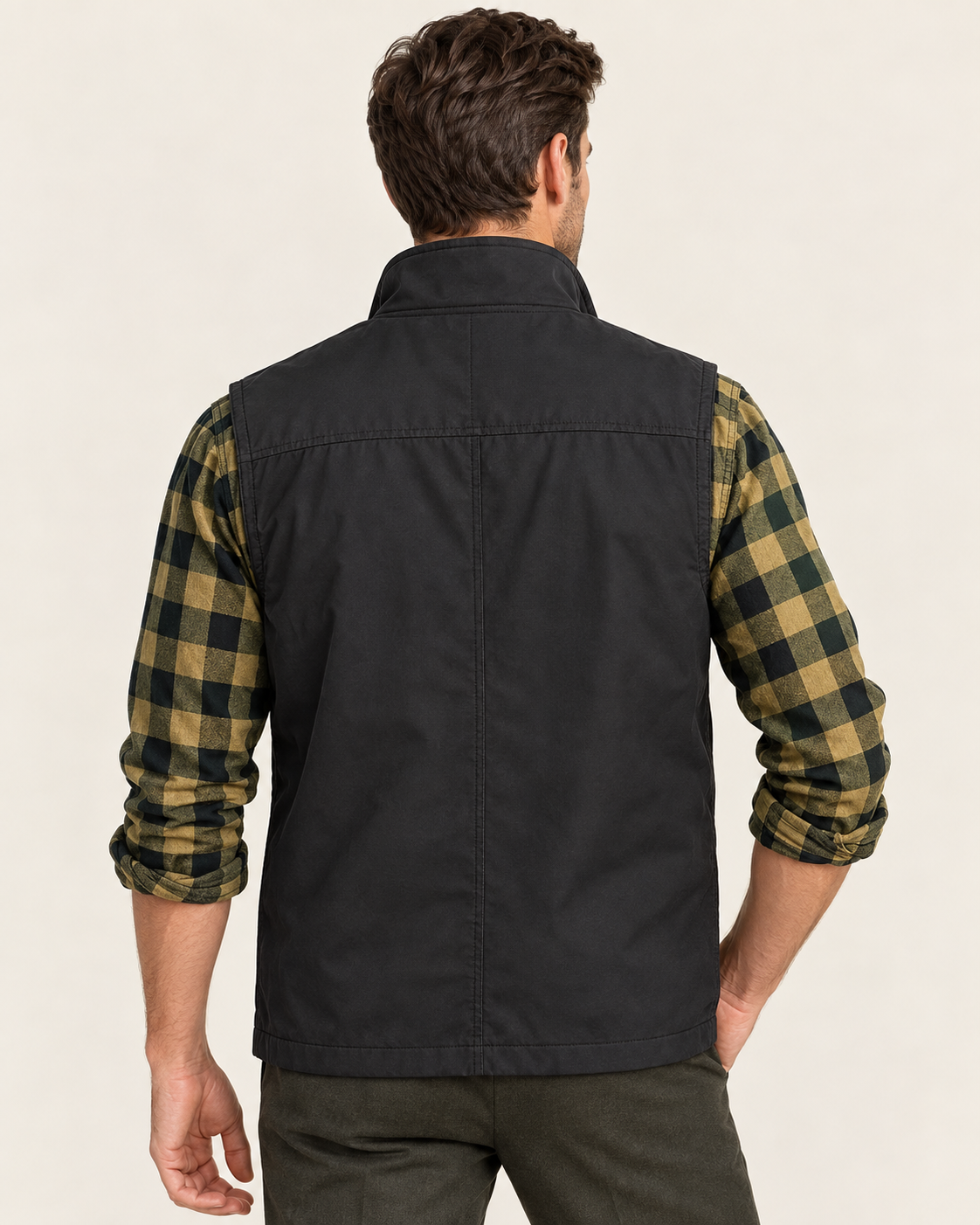 Men's Multi Pocket Utility Vest with Stand Collar in Black, back view