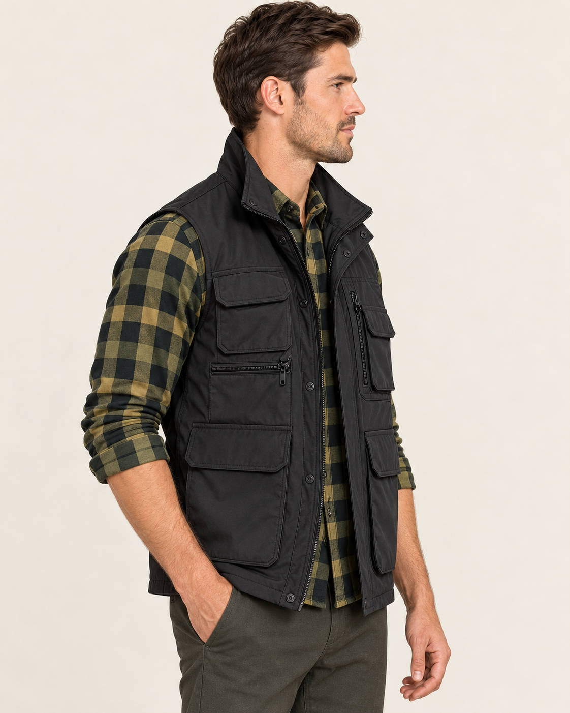 Men's Multi Pocket Utility Vest with Stand Collar in Black, side view