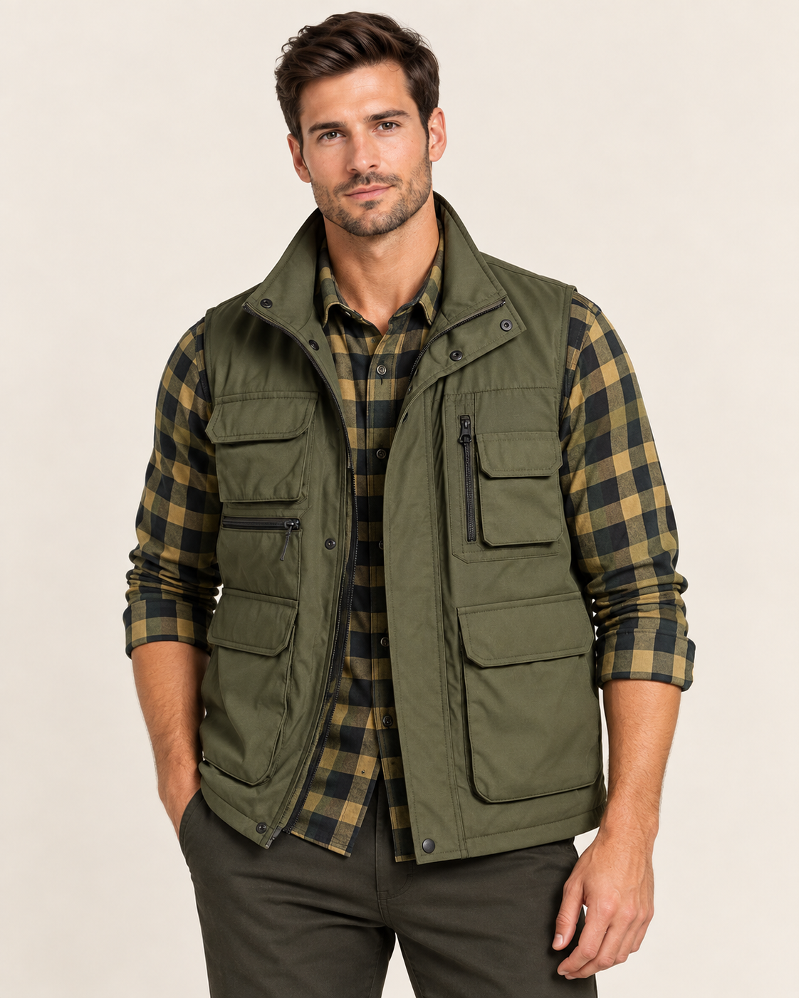 Men's Multi Pocket Utility Vest with Stand Collar in Army Green