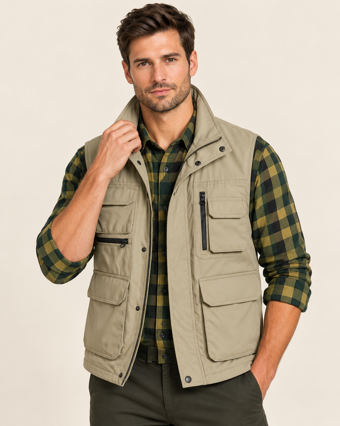 Men's Multi Pocket Utility Vest with Stand Collar in Khaki