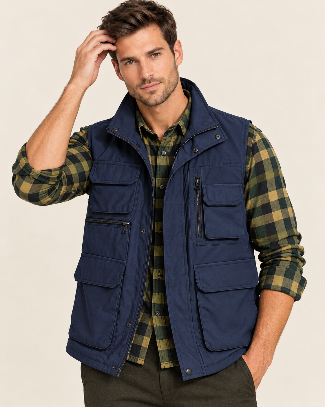 Men's Multi Pocket Utility Vest with Stand Collar in Navy Blue