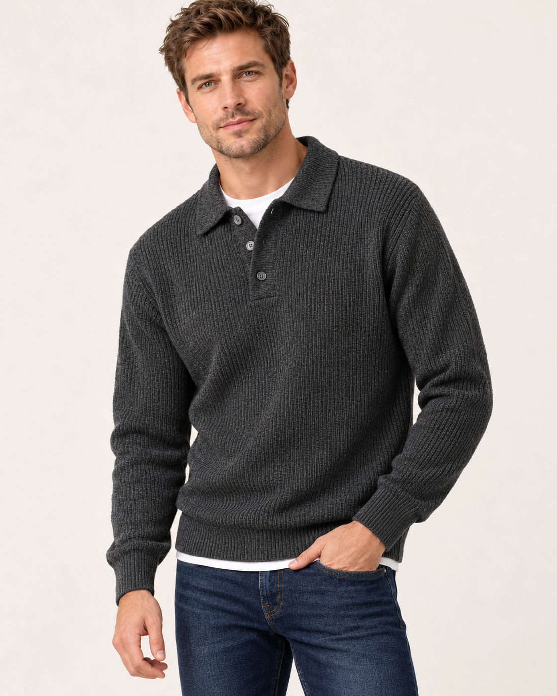 Men's Waffle Knit Button Polo Jumper