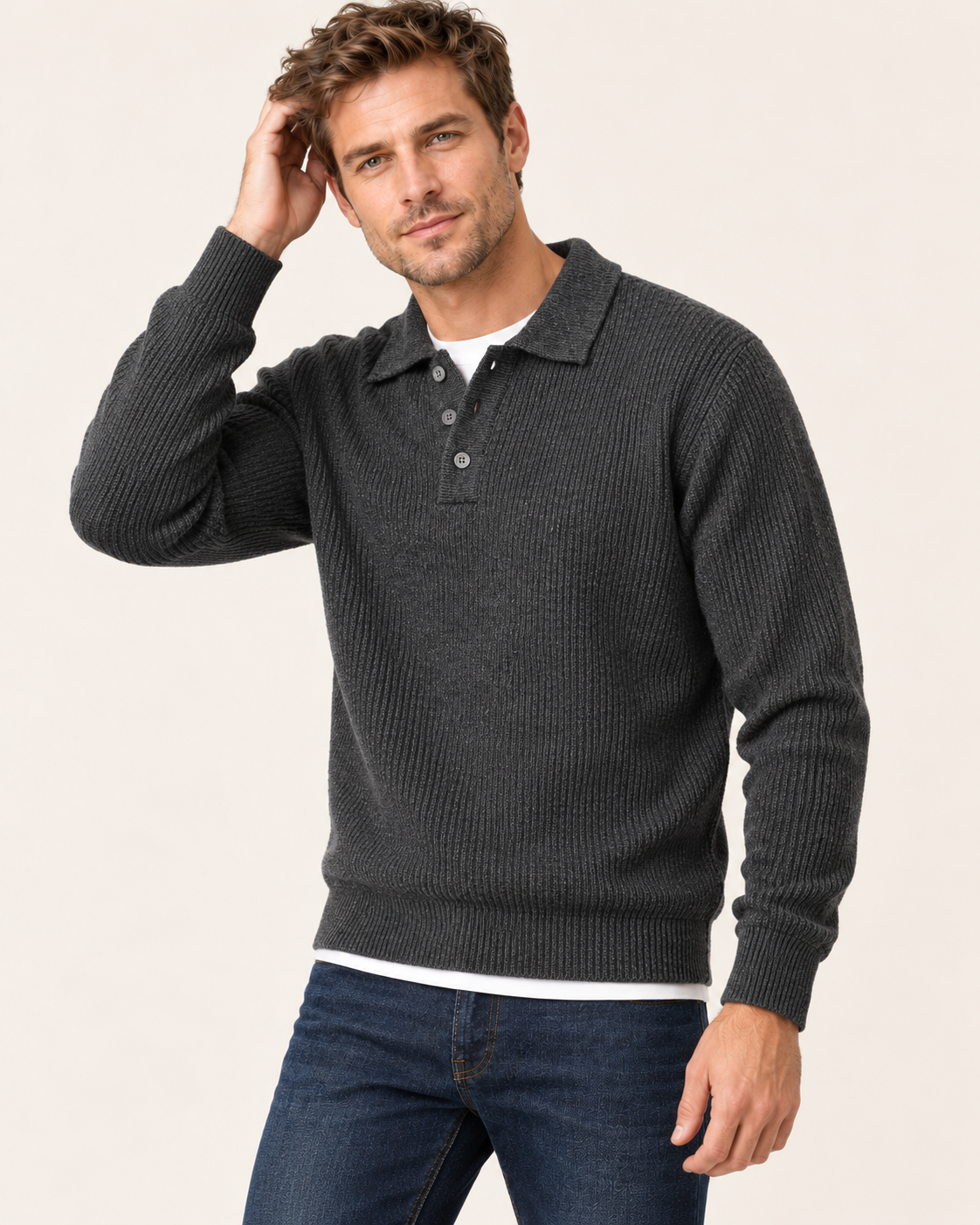Men's Waffle Knit Button Polo Jumper