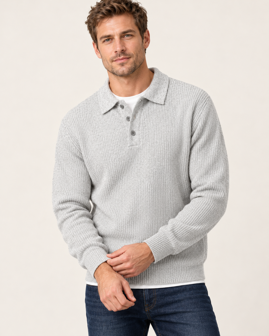 Men's Waffle Knit Button Polo Jumper