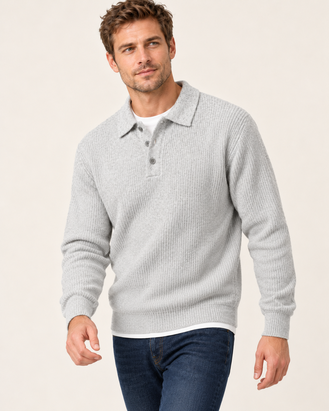 Men's Waffle Knit Button Polo Jumper