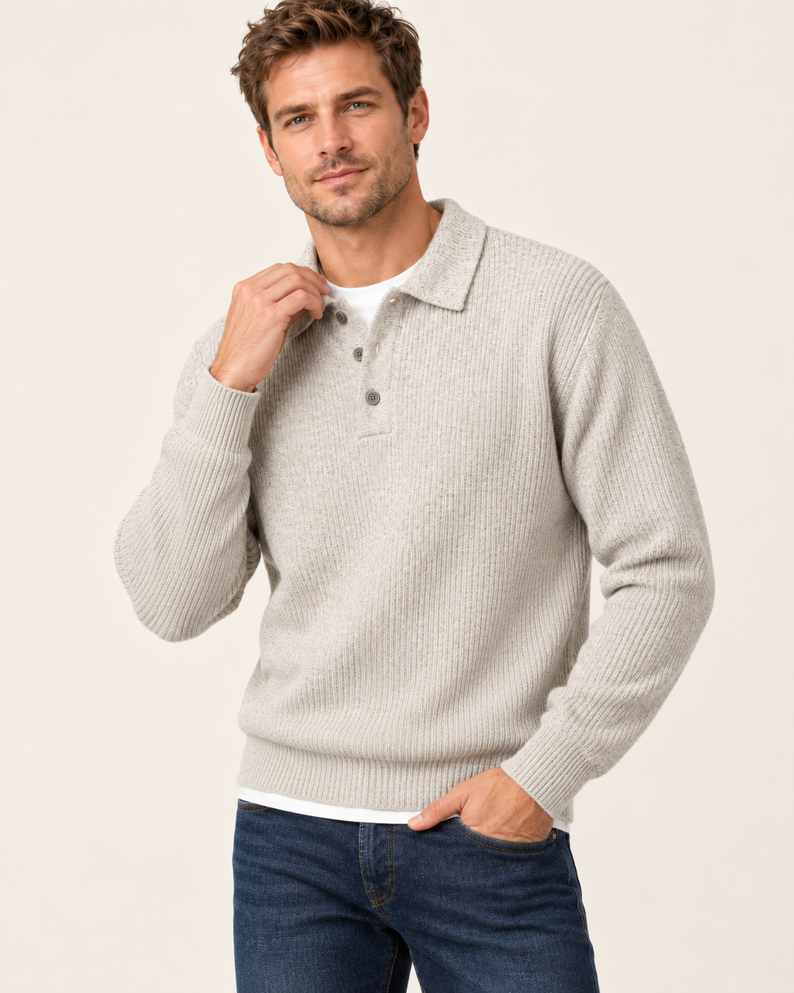 Men's Waffle Knit Button Polo Jumper