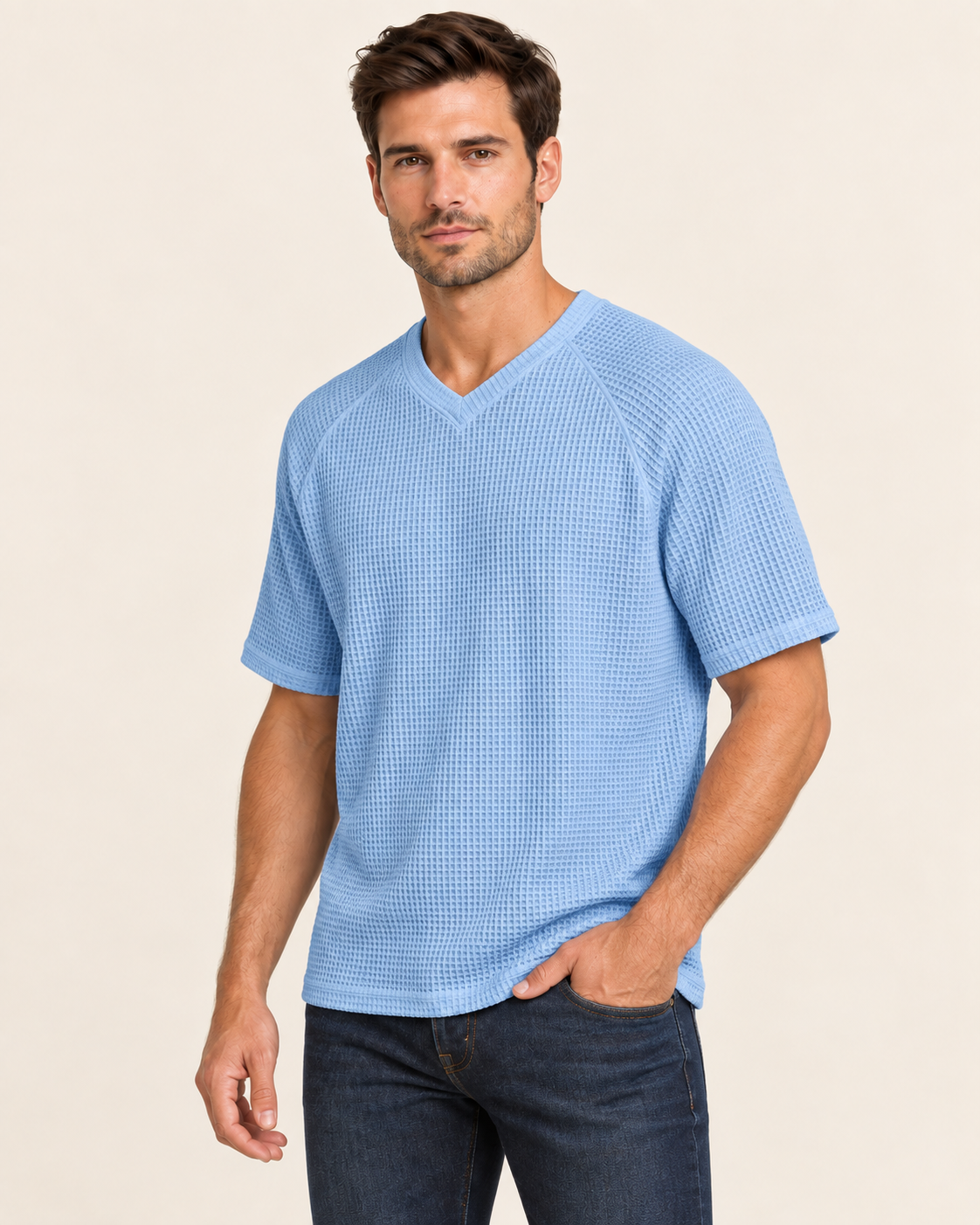 Men's Waffle Knit V Neck T Shirt in Blue
