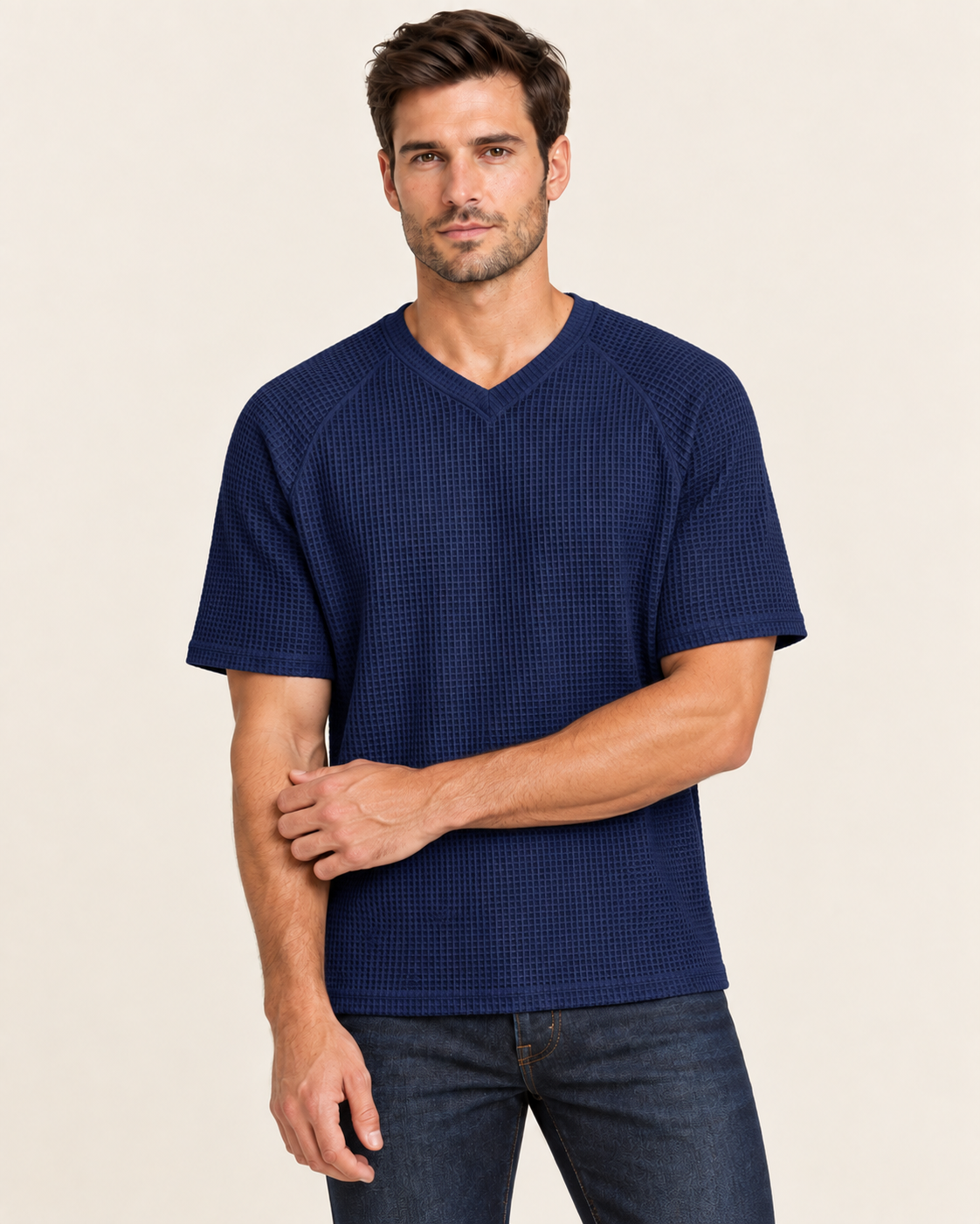 Men's Waffle Knit V Neck T Shirt in Navy Blue