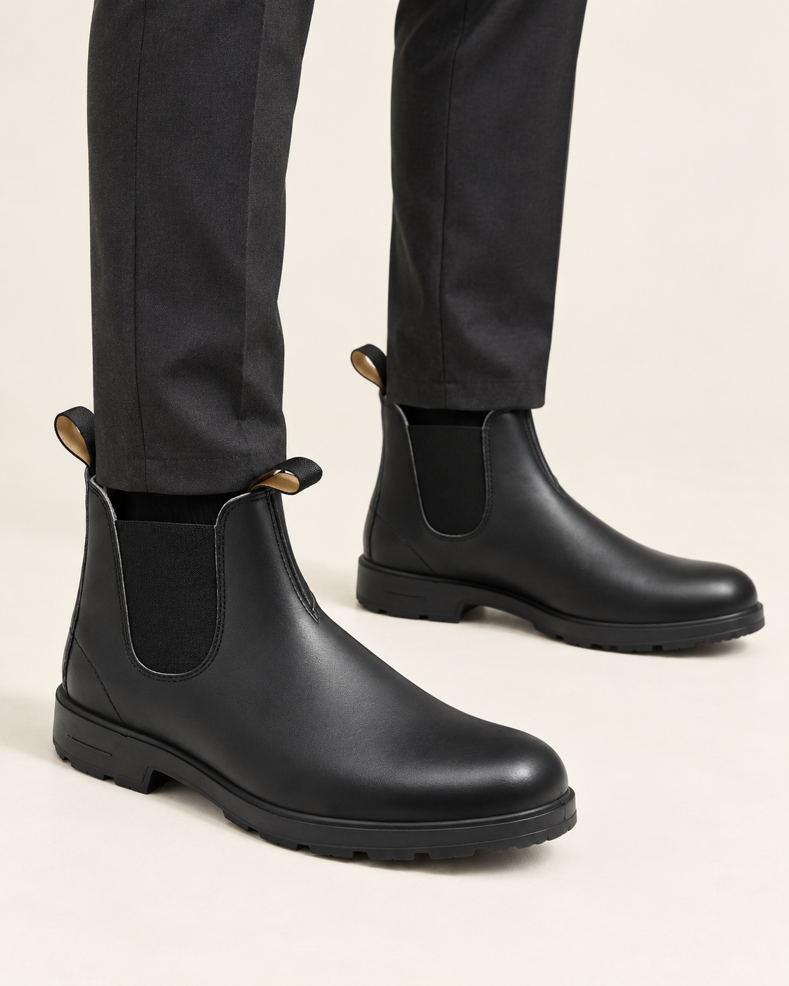 Men's Waterproof Chelsea Boots with Pull Tabs and Lug Sole in Black, on foot