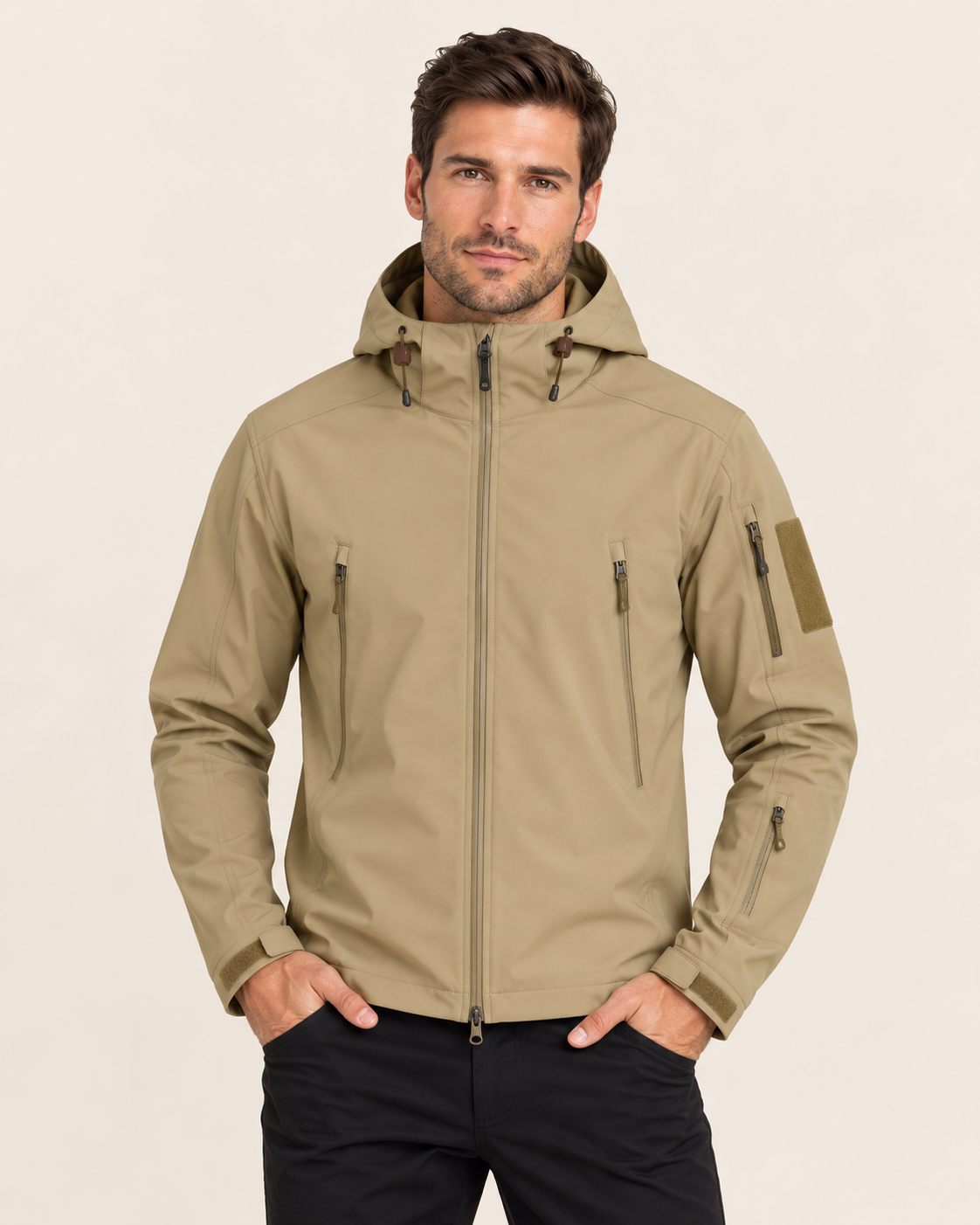 Men's Water-Resistant Softshell Jacket with Hood in Cream