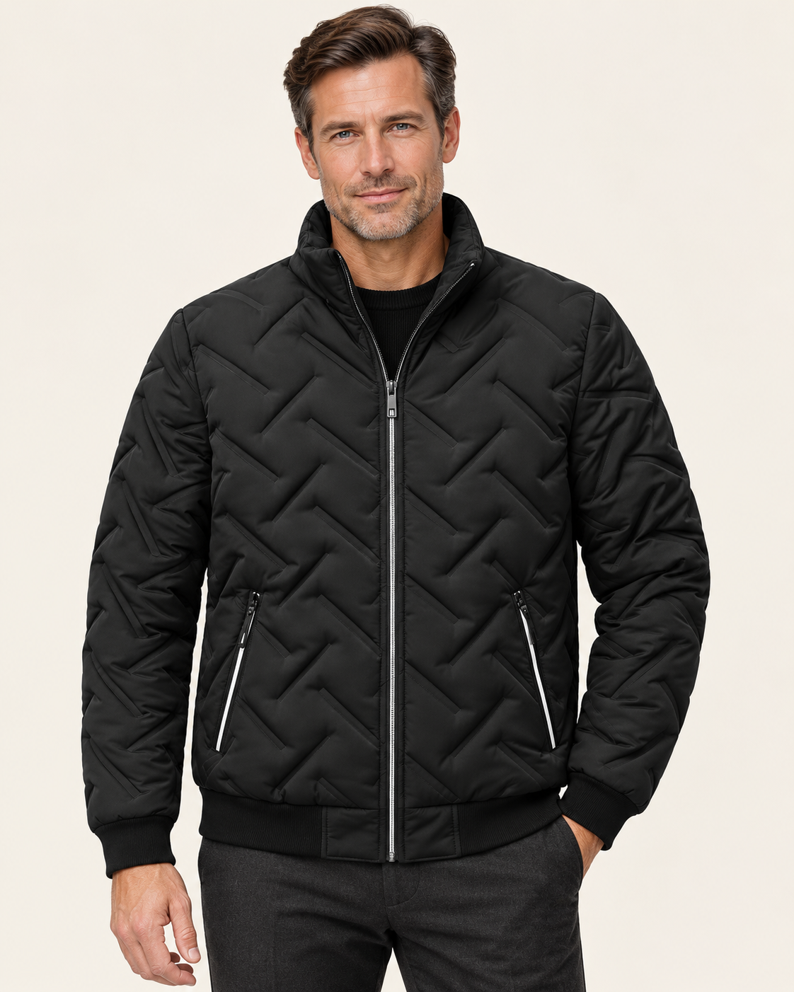 Men's Wave Quilted Stand Collar Puffer Jacket in Black