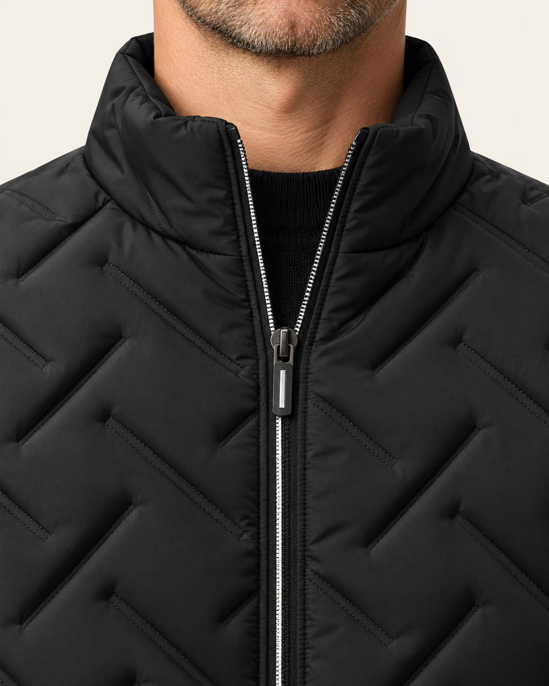 Men's Wave Quilted Stand Collar Puffer Jacket in Black, view 3