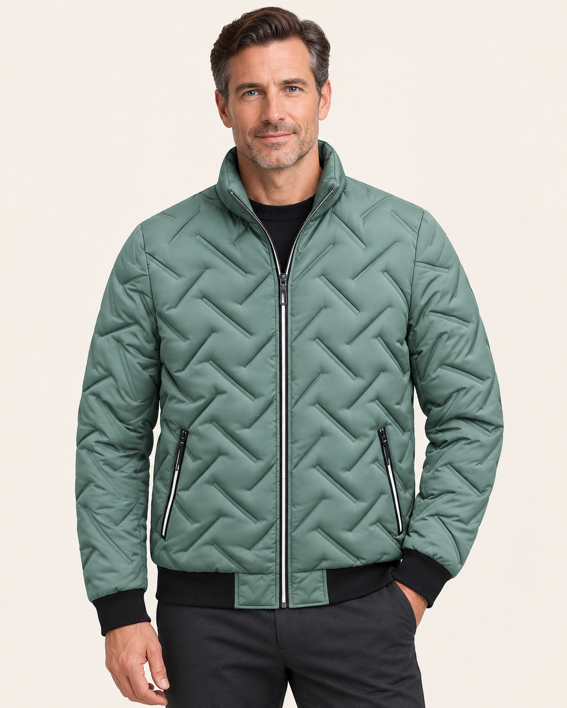 Men's Wave Quilted Stand Collar Puffer Jacket in Sage Green