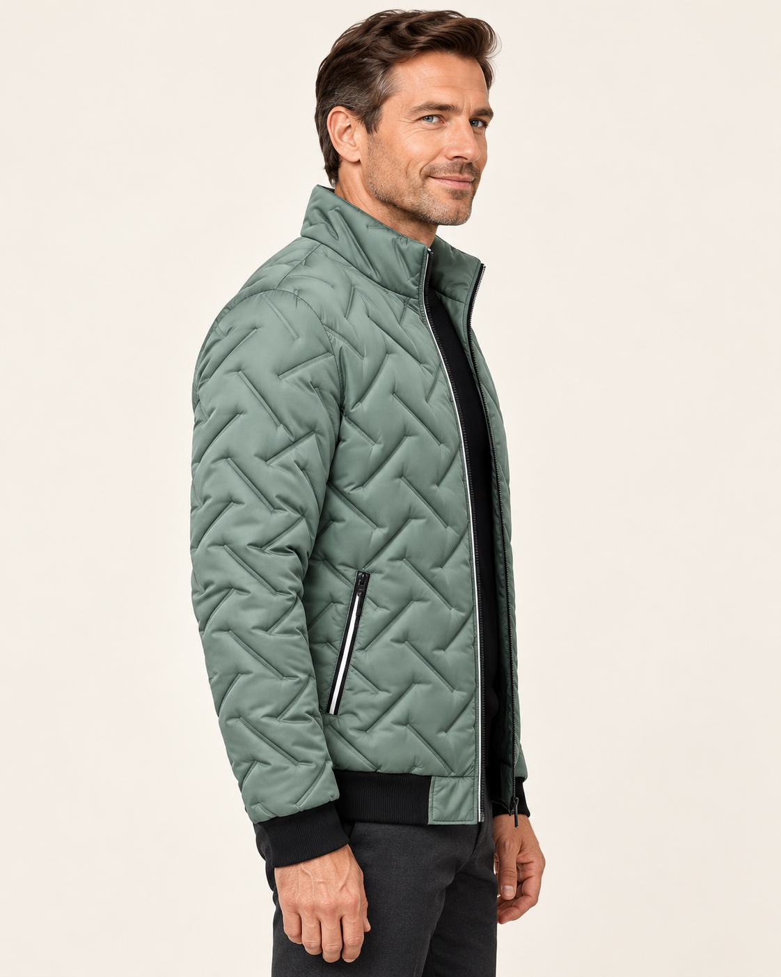 Men's Wave Quilted Stand Collar Puffer Jacket in Sage Green, view 2