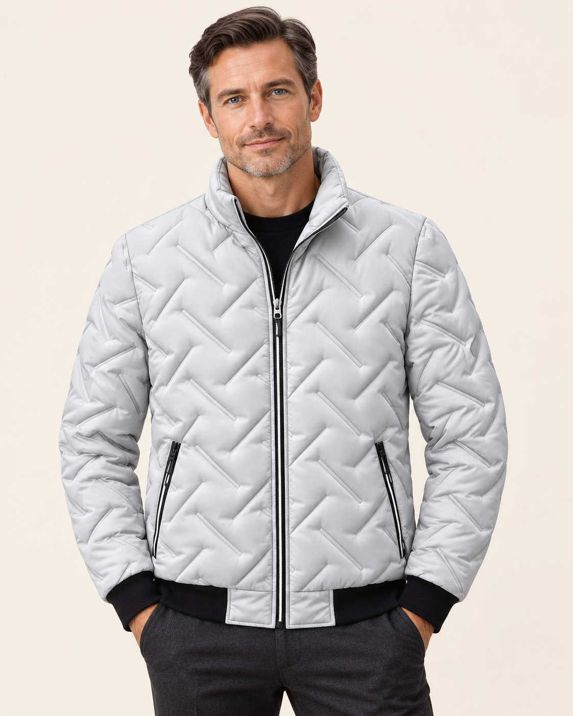 Men's Wave Quilted Stand Collar Puffer Jacket in Light Grey