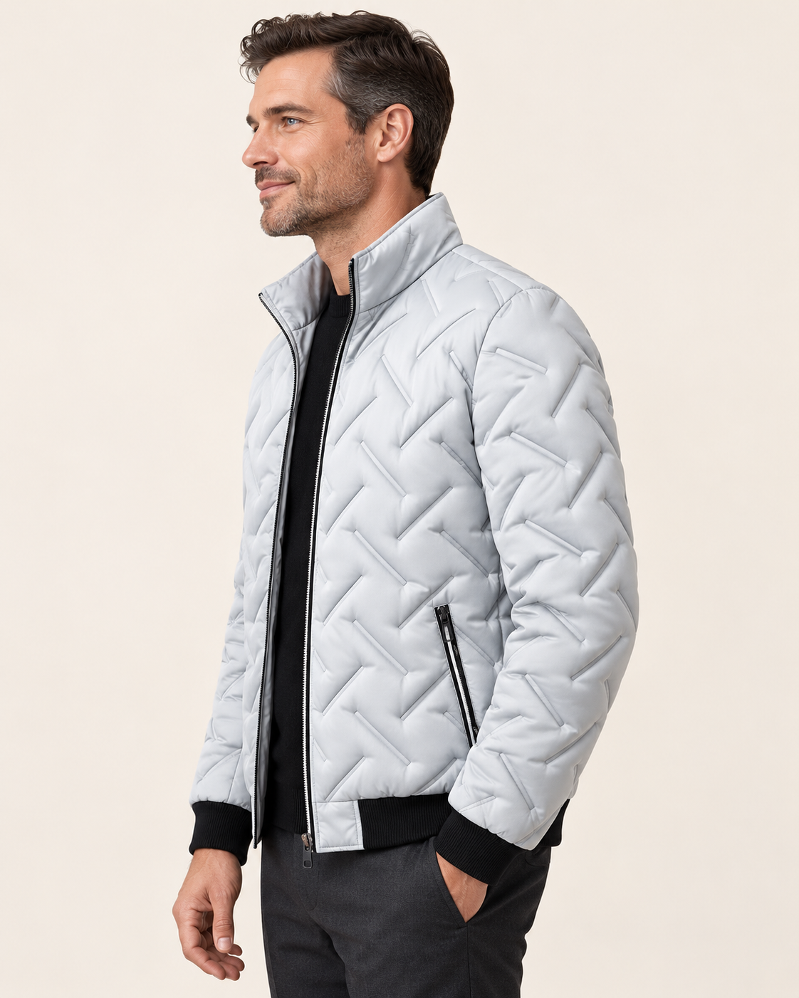 Men's Wave Quilted Stand Collar Puffer Jacket in Light Grey, view 2