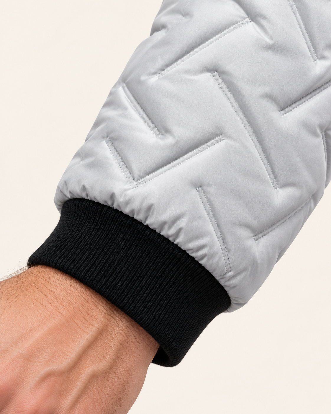 Men's Wave Quilted Stand Collar Puffer Jacket in Light Grey, view 3