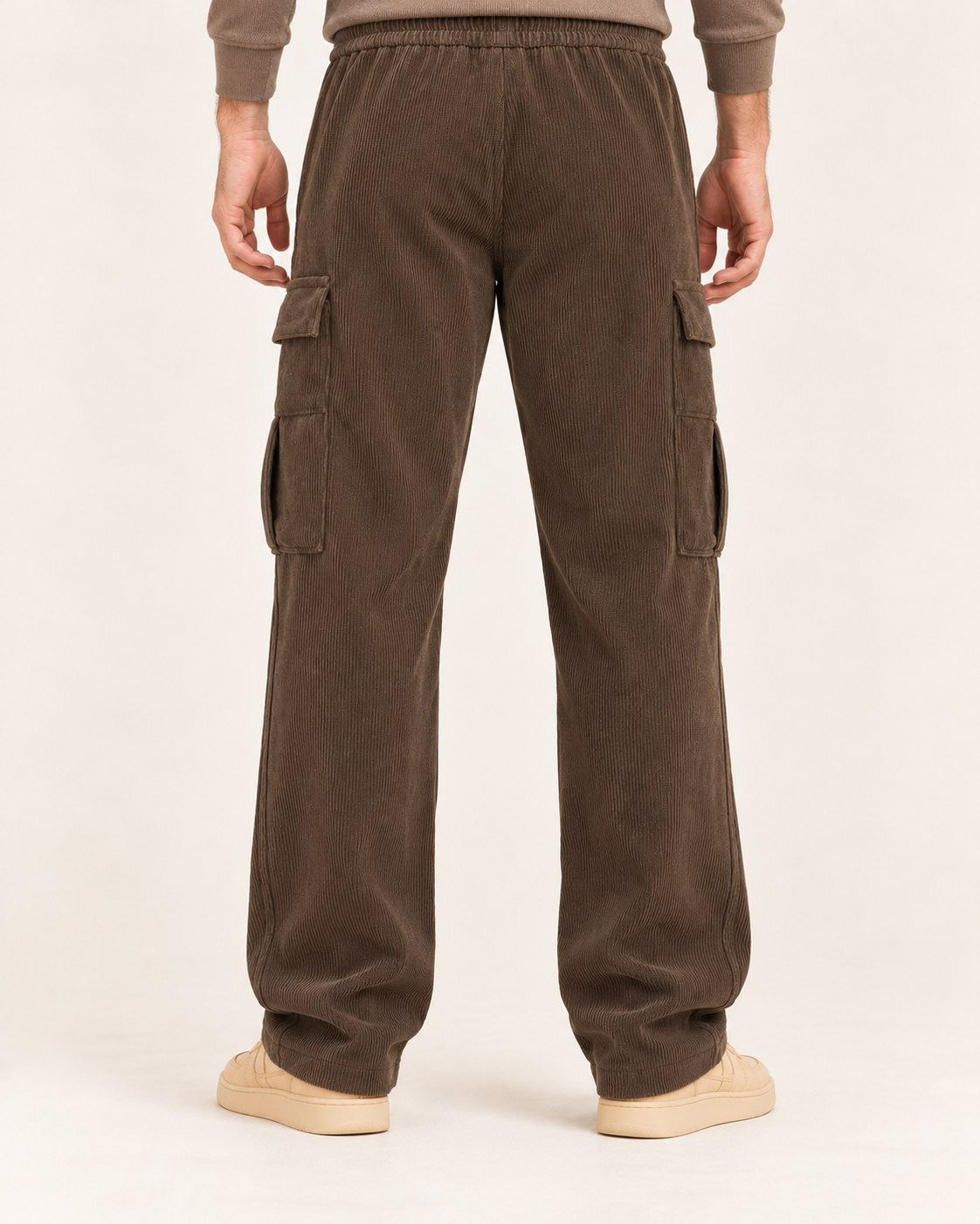 Men's Cargo Trousers with Wide Leg and Warm Lining in Brown, back view