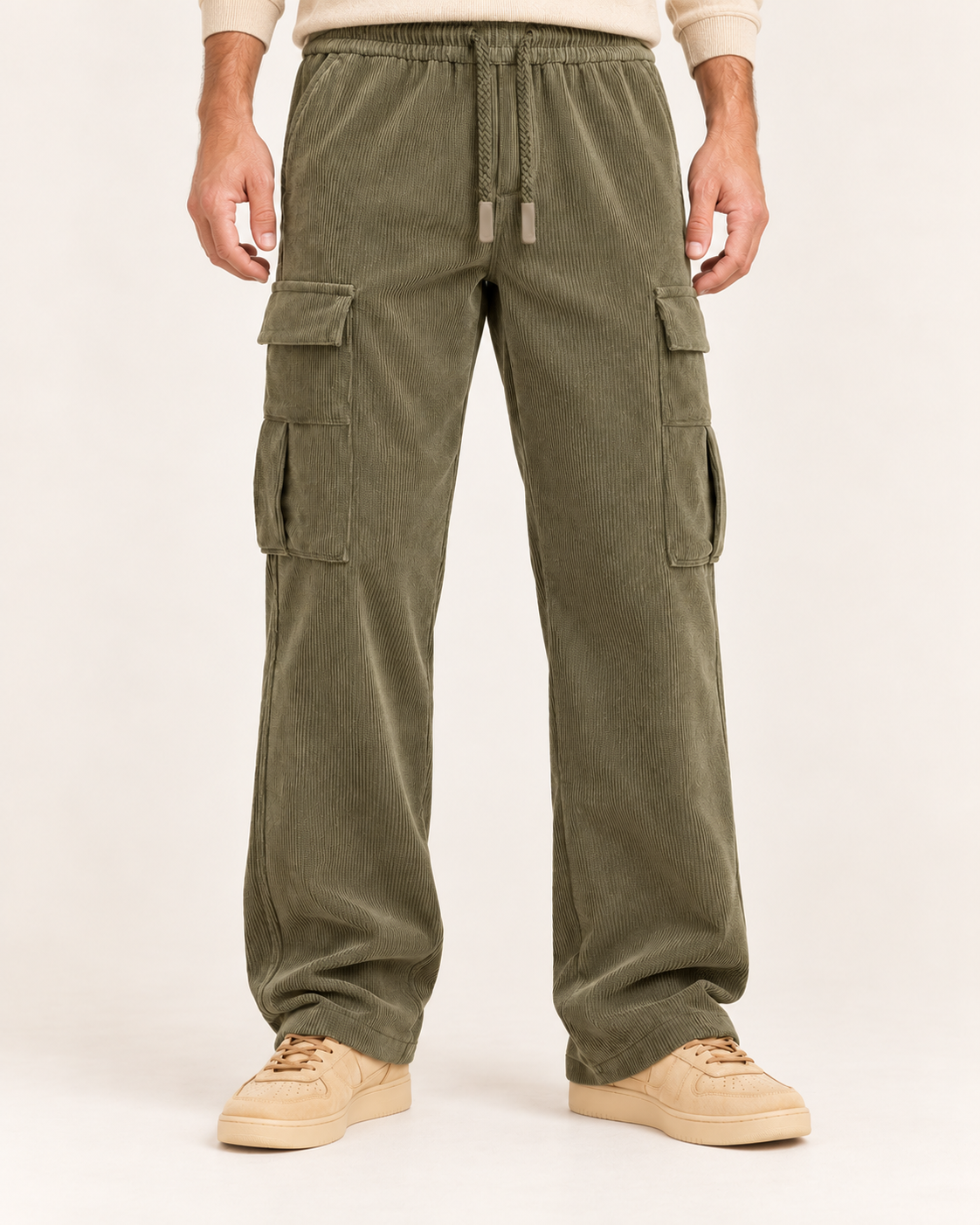 Men's Cargo Trousers with Wide Leg and Warm Lining in Olive Green