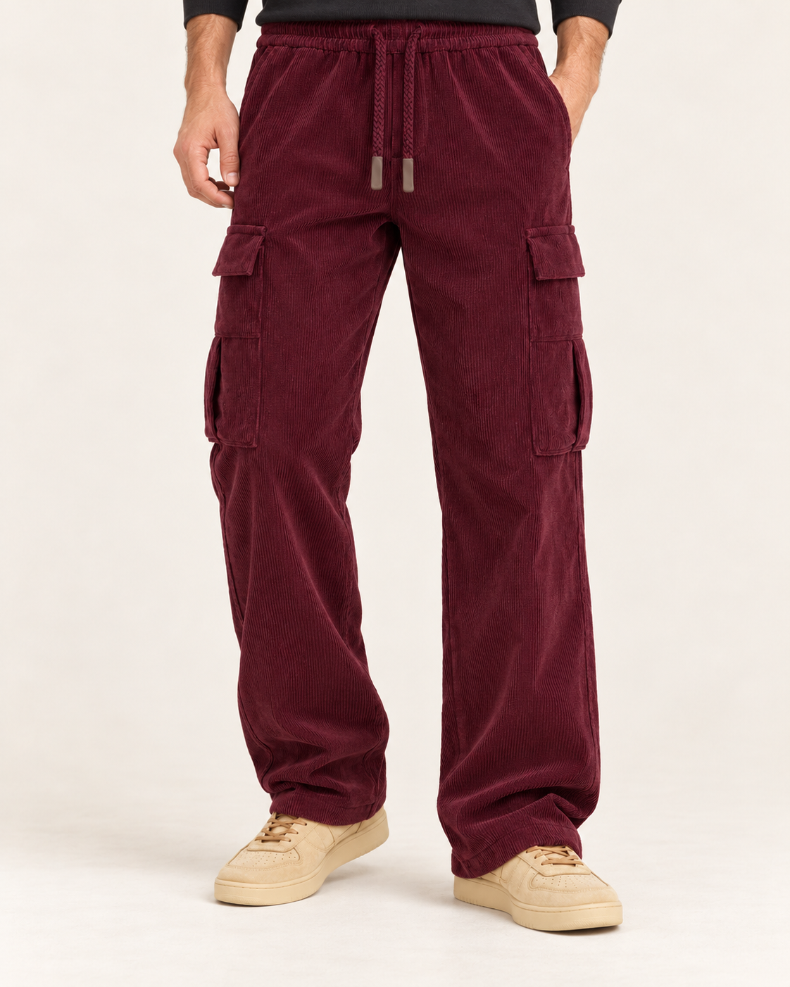 Men's Cargo Trousers with Wide Leg and Warm Lining in Burgundy