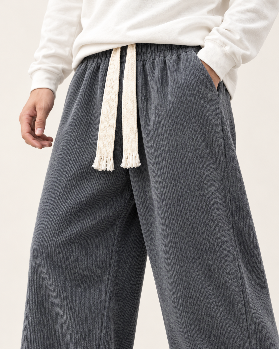 Men's Wide Leg Corduroy Tie Waist Trousers