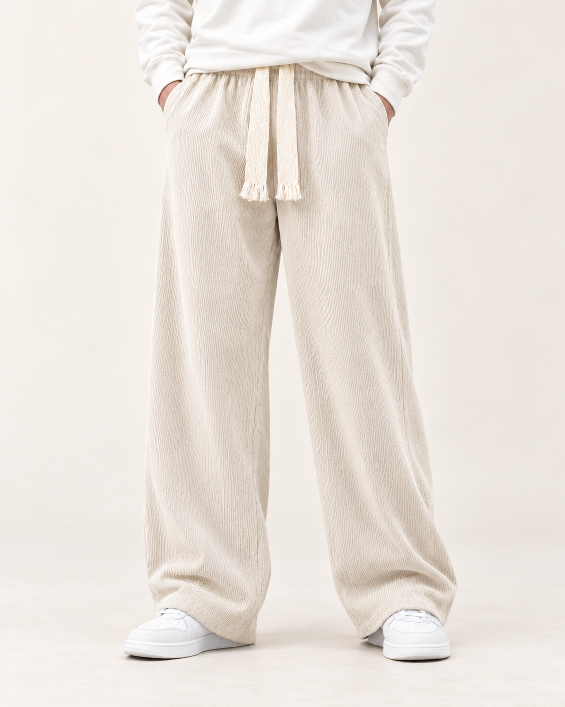 Men's Wide Leg Corduroy Tie Waist Trousers
