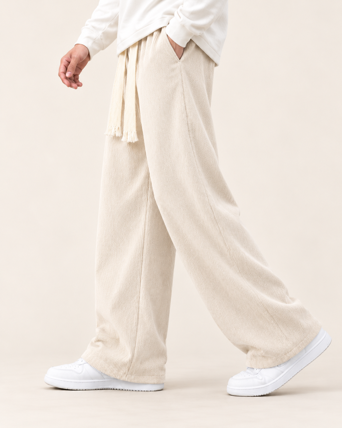 Men's Wide Leg Corduroy Tie Waist Trousers