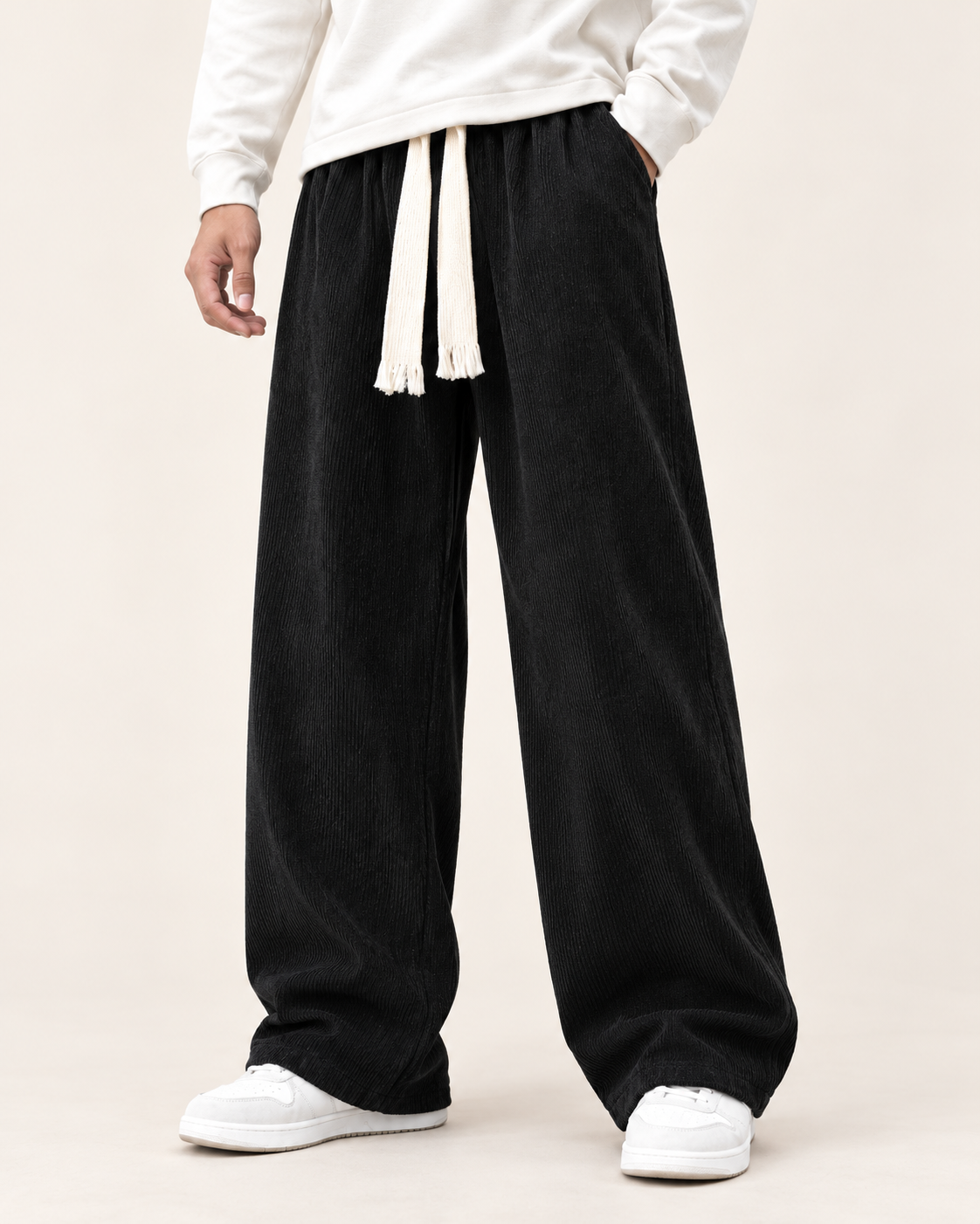 Men's Wide Leg Corduroy Tie Waist Trousers