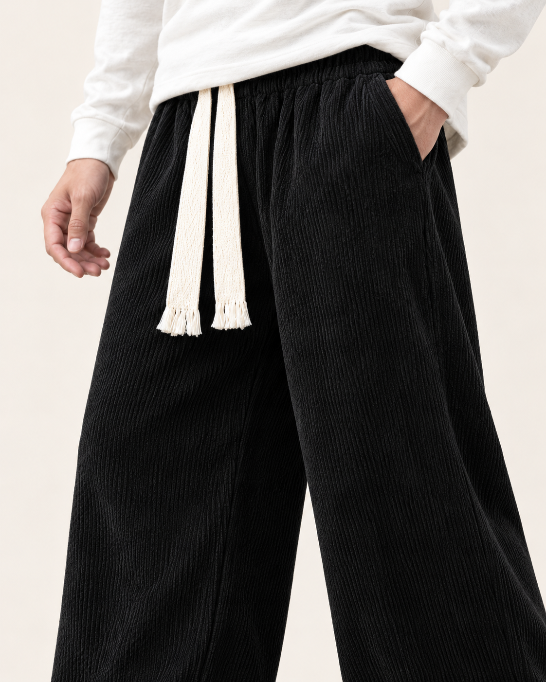 Men's Wide Leg Corduroy Tie Waist Trousers