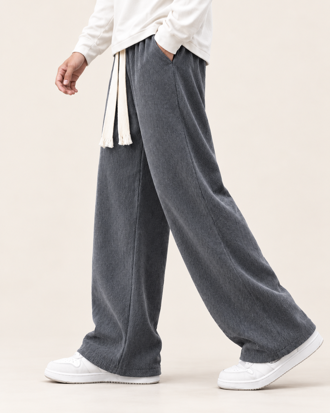 Men's Wide Leg Corduroy Tie Waist Trousers