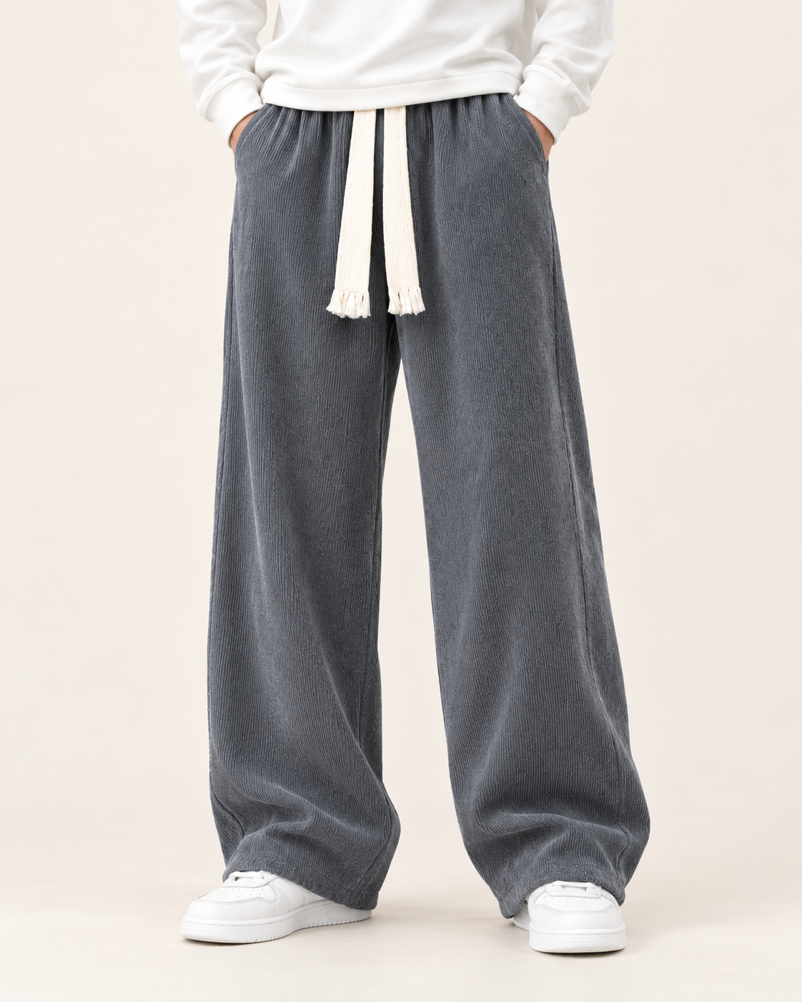 Men's Wide Leg Corduroy Tie Waist Trousers