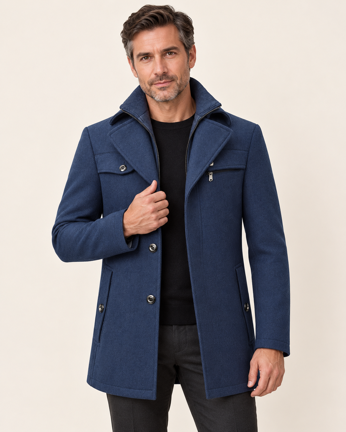 Men's Wool Look Double Collar Car Coat in Blue