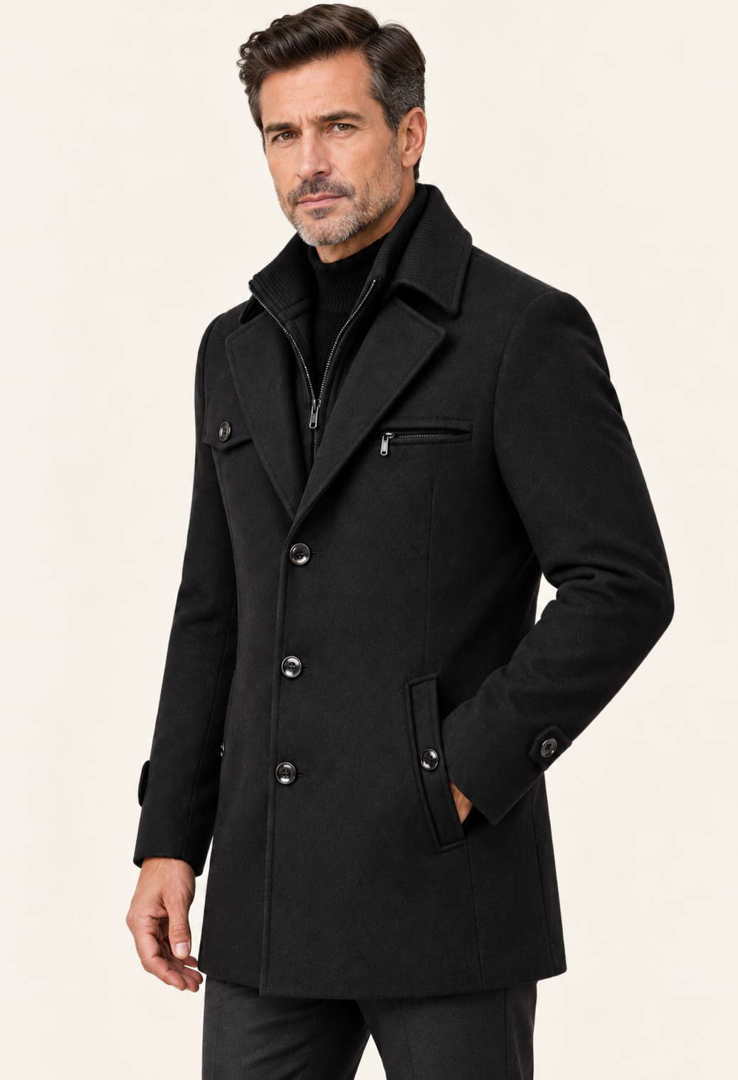 Men's Wool Look Double Collar Car Coat in Black