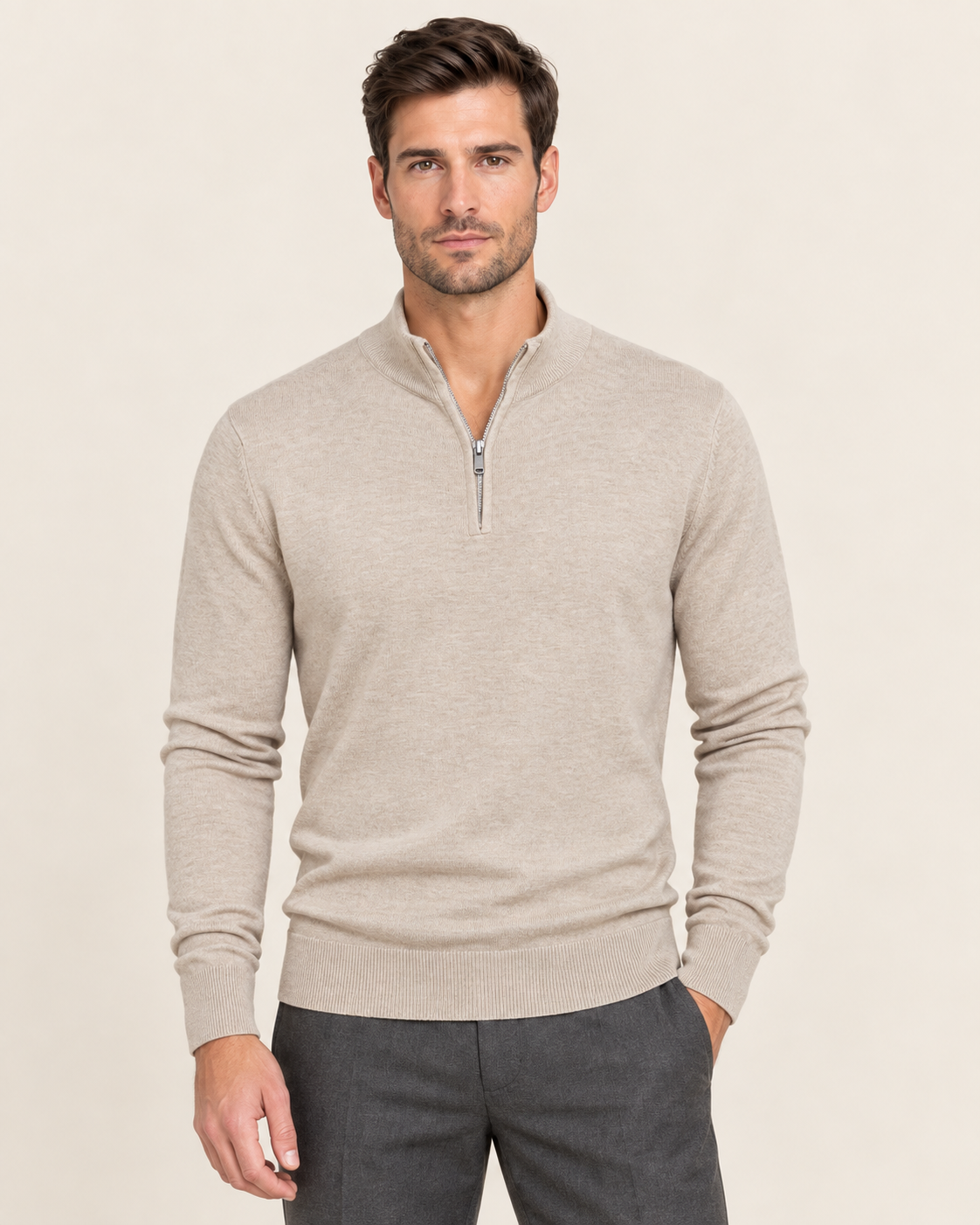 Men's Lightweight Half Zip Jumper in Khaki