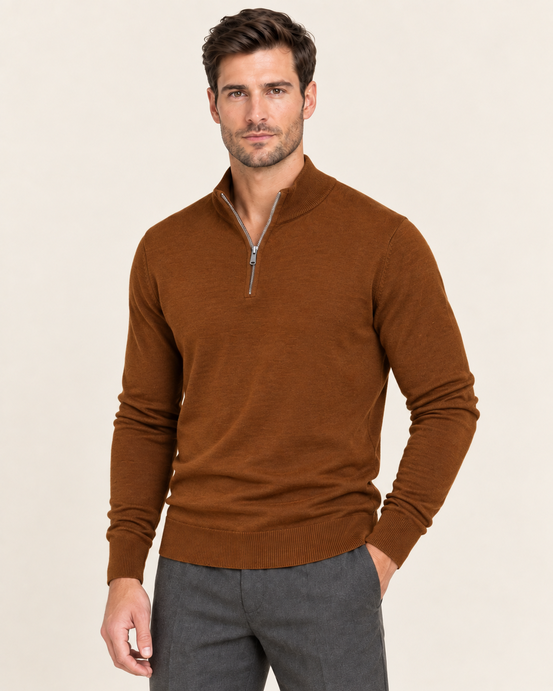 Men's Lightweight Half Zip Jumper in Coffee