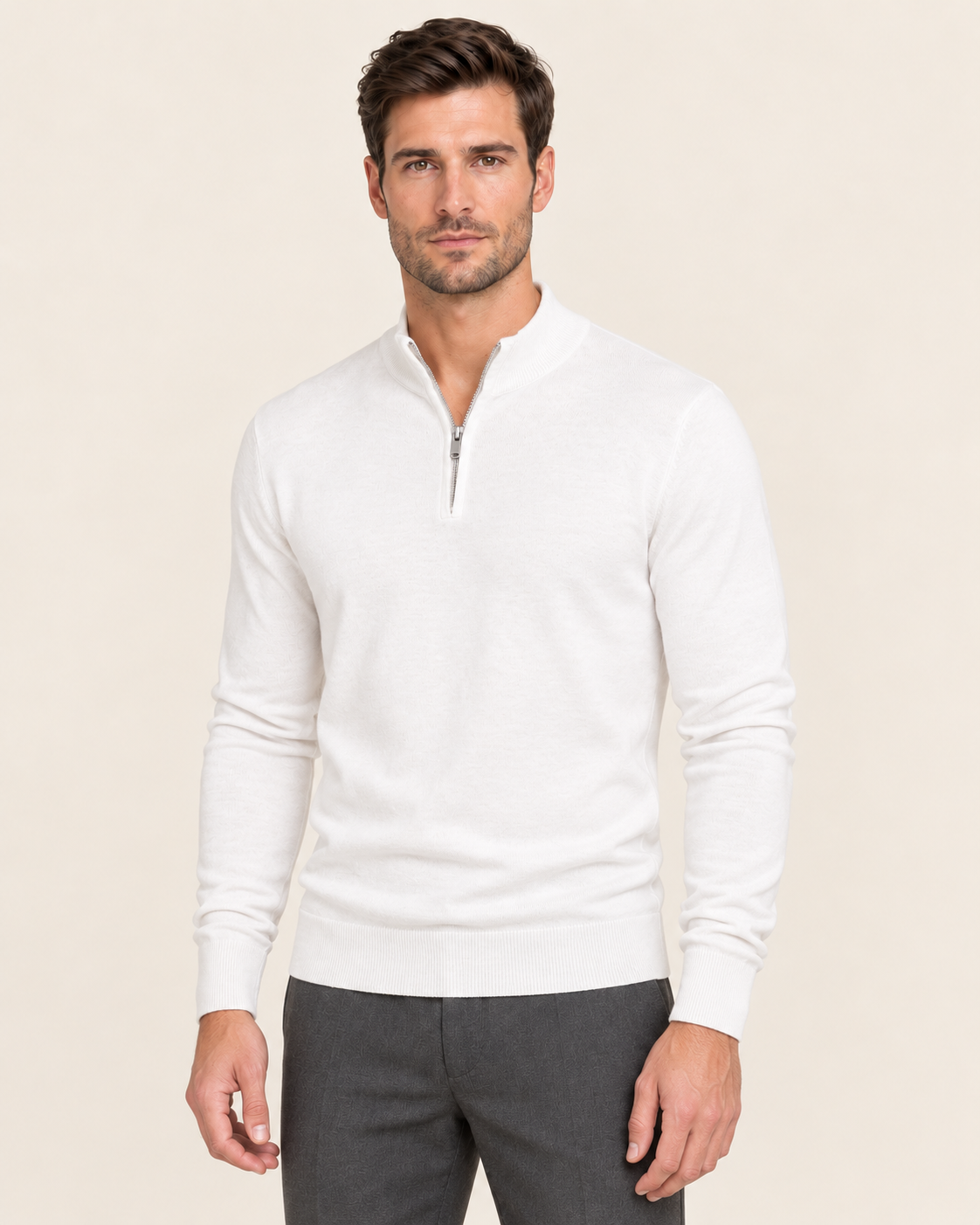 Men's Lightweight Half Zip Jumper in White, front view