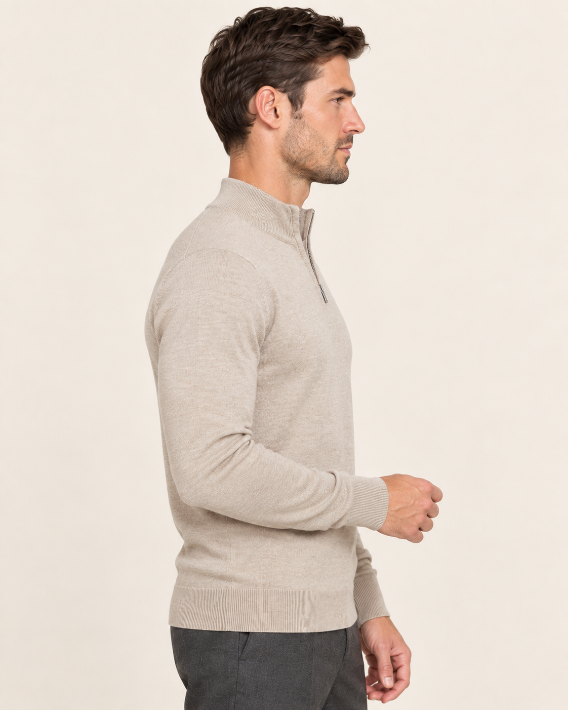 Men's Lightweight Half Zip Jumper in Khaki, side view