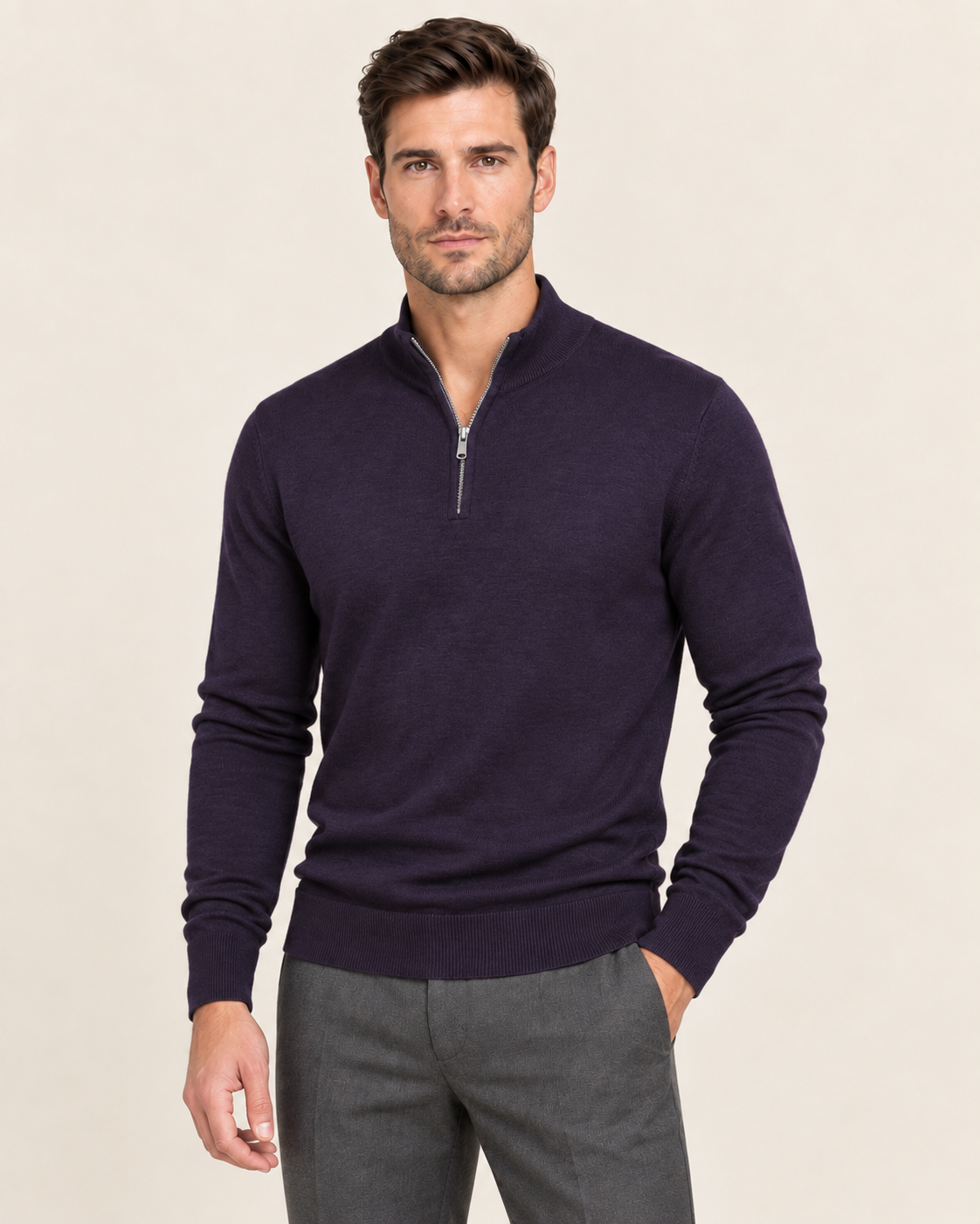 Men's Lightweight Half Zip Jumper in Dark Purple, front view