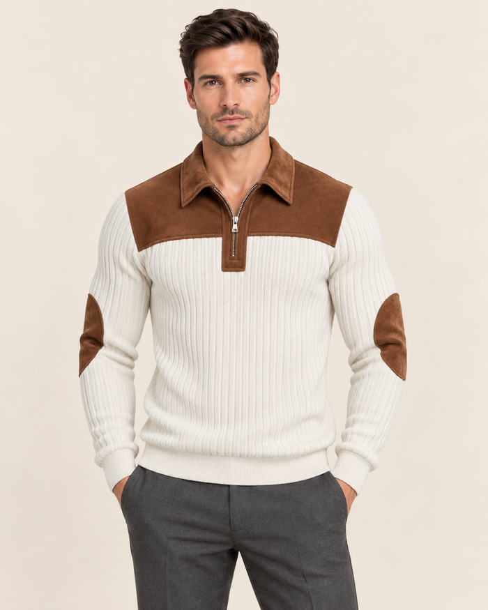 Men's Collared Quarter Zip Jumper with Suede Look Panels in White
