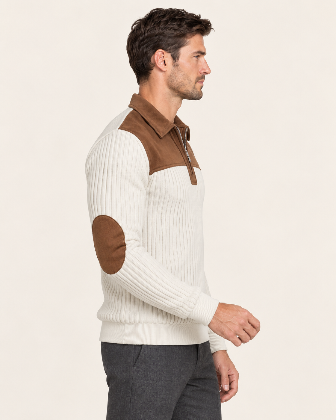 Men's Collared Quarter Zip Jumper with Suede Look Panels in White, side view
