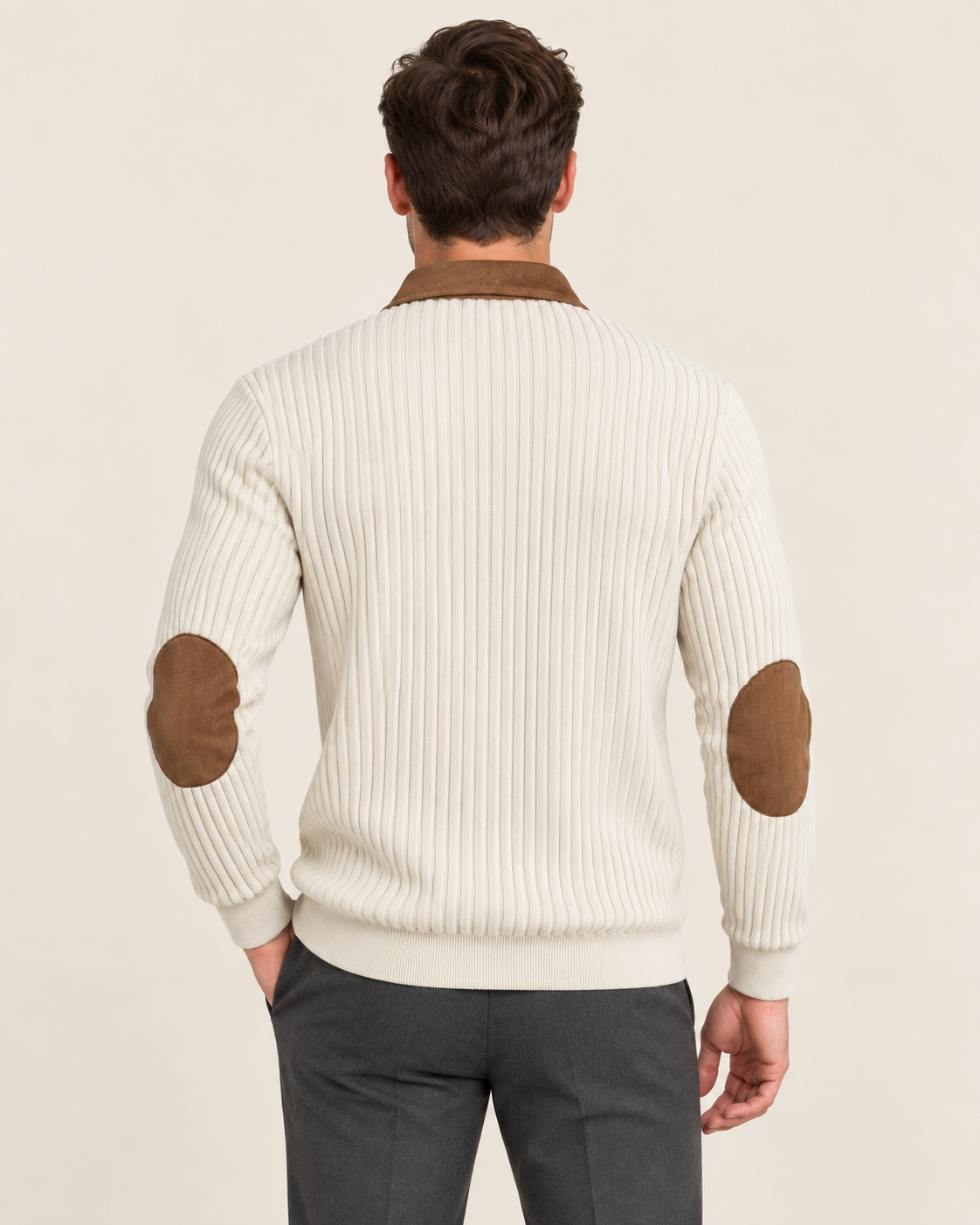 Men's Collared Quarter Zip Jumper with Suede Look Panels in White, back view